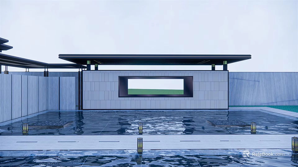 Modern Entrance Gate with Gray Stone Wall Water Pool Front Flat Roof and Rectangular Opening 3d model 