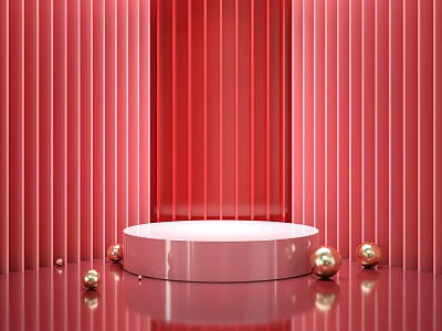 Circular Display Shelf On Pink Background With Red Vertical Striped Wall And Golden Decorative Balls 3d model