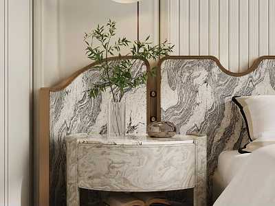 Elegant Marble Bedside Table with Vase Green Plant and Decorative Item in Modern Bedroom 3d model