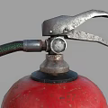 Red Fire Extinguisher with Mounted Hose and Instruction Label as Safety Equipment