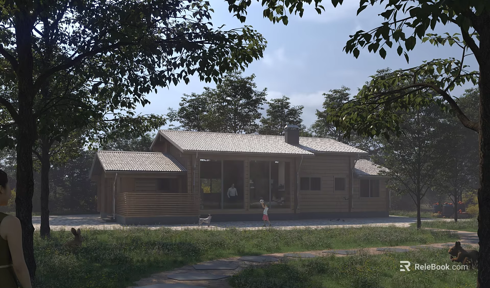 Cozy Wooden House Exterior Surrounded By Trees In Grassy Area With Path 3d model 