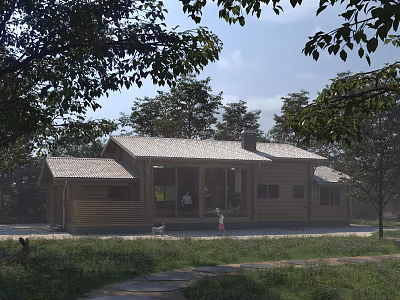 Cozy Wooden House Exterior Surrounded By Trees In Grassy Area With Path 3d model