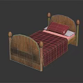 Wooden Bed With Decorative Bedposts Red And Black Plaid Blanket And Red Pillow Interior