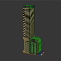 Cartoon Style Tall Building With Modern Glass Facade And Colorful Neon Base