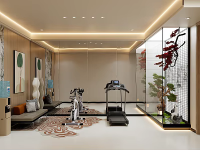 Modern Fitness Studio Interior With Treadmill Exercise Bike And Green Plants 3d model