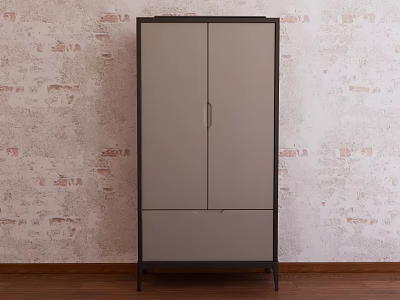 Modern Storage Cabinet With Gray Double Doors And Drawer Against Textured Wall On Wooden Floor 3d model