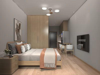Modern Apartment Interior with Wooden Floor Bed Dining Table Mirror Decorative Painting and Ceiling Lights 3d model