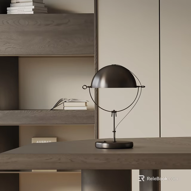 Modern Metal Table Lamp On Wooden Desk With Bookshelf And Books 3d model 