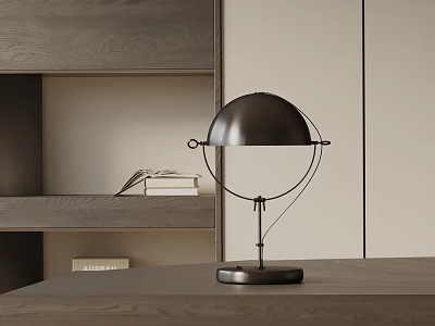 Modern Metal Table Lamp On Wooden Desk With Bookshelf And Books 3d model