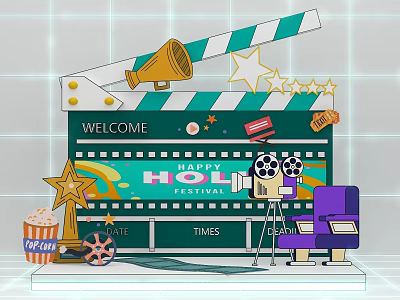 Cinema Themed Photo Spot With Clapperboard Megaphone Popcorn Film Reel And Stars For Holiday Festival 3d model