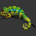 Vibrant Colorful Chameleon With Red Eye Perched on Branch in Dark Background and Reflection