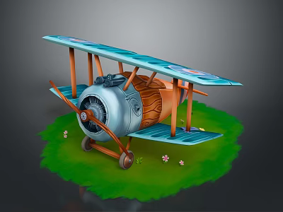 Cartoon Biplane With Blue Wings Wooden Propeller On Green Grass With Small Flowers 3d model
