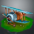 Cartoon Biplane With Blue Wings Wooden Propeller On Green Grass With Small Flowers