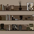 Minimalist Decorative Ornament Combination Featuring Vases Photo Frames Candles Woven Decor and Books on Shelves