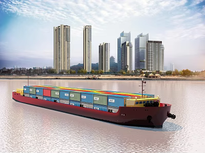 Cargo Ship Carrying Containers Near Urban Skyline On River 3d model