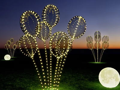 Beautiful Outdoor Flower Shaped LED Decorative Lights Illuminating Night Grassland With Moon 3d model