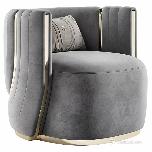 Elegant Gray Velvet Single Sofa with Gold Accents and Comfortable Seat Design 3d model 