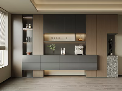 Elegant Modern Wine Cabinet With Gray Wooden Storage Shelves And Drawers 3d model