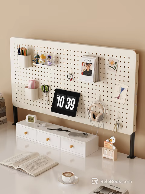 Home Office Interior With Pegboard Drawer Cabinet Clock Headphones And Organizational Items 3d model 