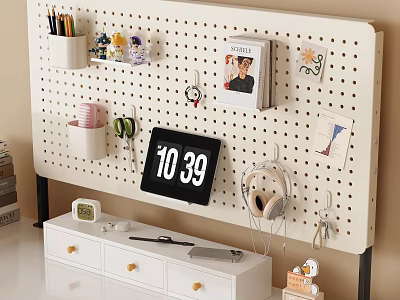 Home Office Interior With Pegboard Drawer Cabinet Clock Headphones And Organizational Items 3d model