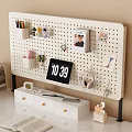 Home Office Interior With Pegboard Drawer Cabinet Clock Headphones And Organizational Items