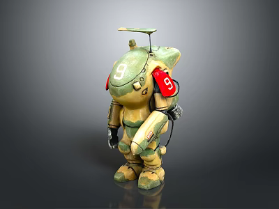 Robot Character With Biological Design Number 9 Red Headphones And Yellow Green Camouflage 3d model