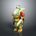 Robot Character With Biological Design Number 9 Red Headphones And Yellow Green Camouflage