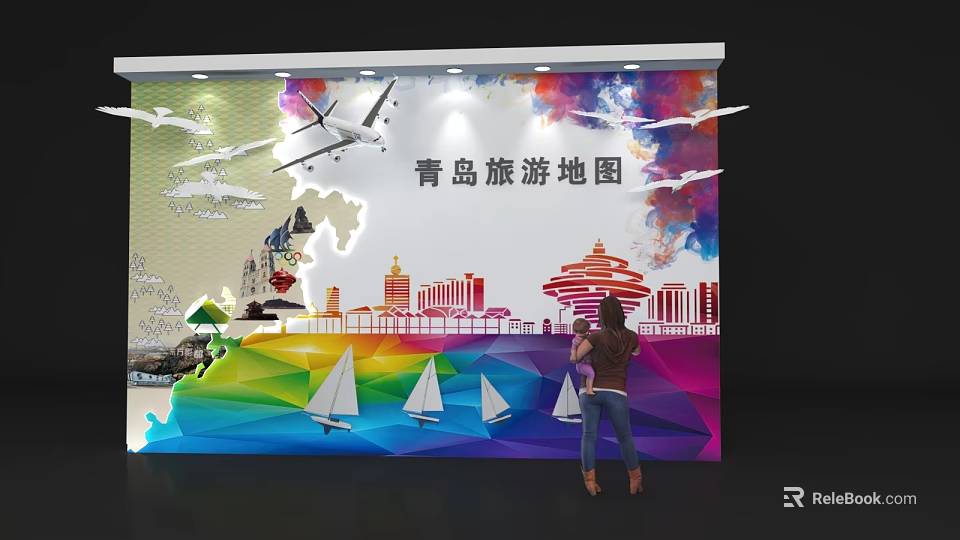 Colorful Qingdao Tourist Map Photo Check In Spot With City Buildings Sailboats And Airplanes 3d model 
