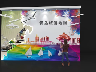 Colorful Qingdao Tourist Map Photo Check In Spot With City Buildings Sailboats And Airplanes 3d model