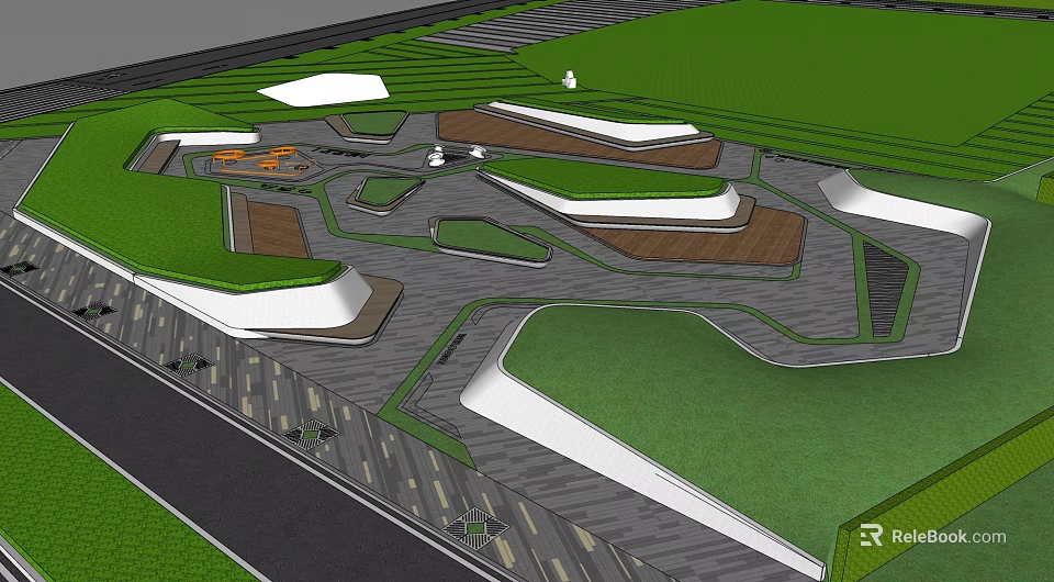 Contemporary Urban Landscape Design Featuring Irregular Tree Pits And Green Lawn Areas 3d model 