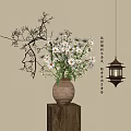 White Daisy Flowers in Terracotta Vase on Wooden Stump with Twig Branches and Hanging Lantern