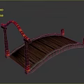 Decorative Arch Shaped Bridge Model With Wooden Deck Red And Gold Railings And Pillar Supports