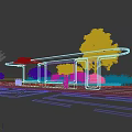Modern Bus Stop Public Facility With Tall Building Green Trees Billboard Bench And Person Sitting