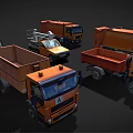 Five Orange Trucks Various Types Including Dump Garbage And Crane Trucks Against Black Background 3d model