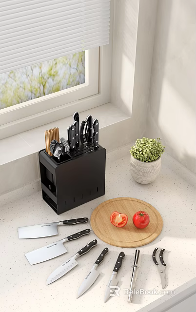 Black Kitchen Knife Block With Knives Chopsticks And Cutting Board On Light Countertop 3d model 