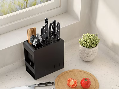 Black Kitchen Knife Block With Knives Chopsticks And Cutting Board On Light Countertop 3d model