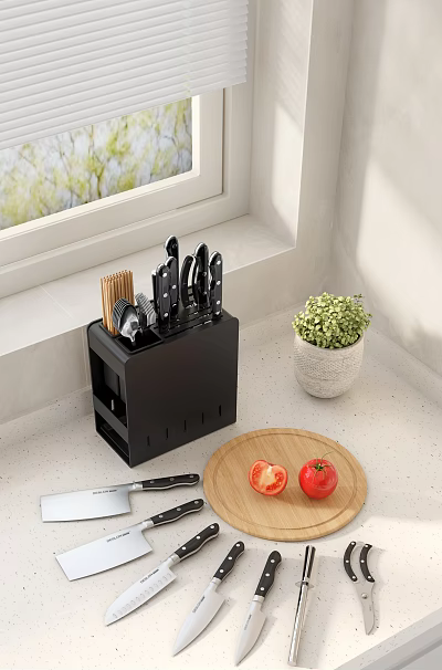 Black Kitchen Knife Block With Knives Chopsticks And Cutting Board On Light Countertop 3d model