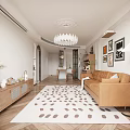Warm Open Dining And Living Room Interior Design With Tufted Sofa And Wooden Storage Cabinets