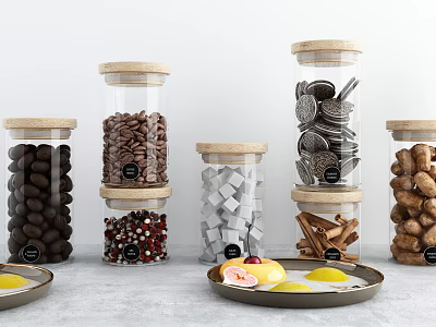 Kitchenware Glass Jars with Wooden Lids for Storing Various Ingredients Like Chocolate Beans and Cookies 3d model