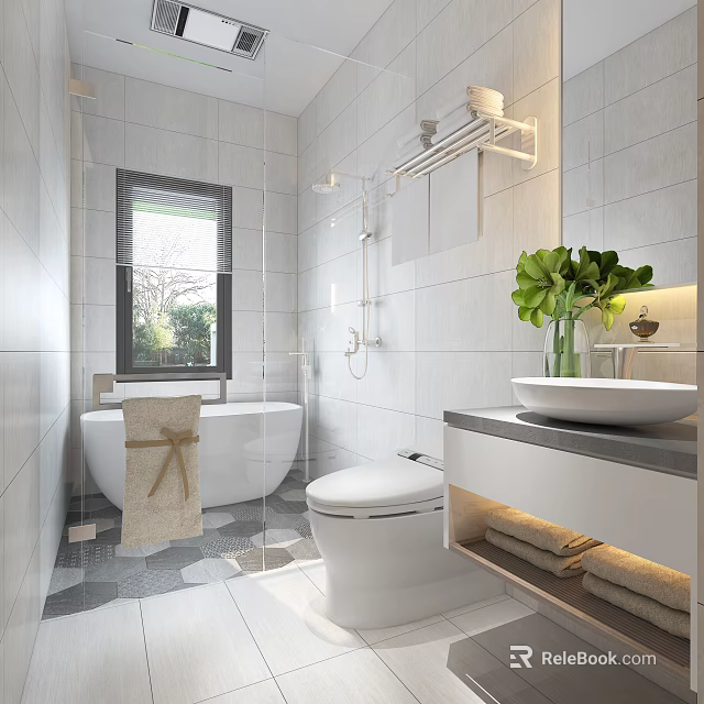 Modern Bathroom Interior Design With White Tiles Bathtub Toilet Vanity And Green Plant 3d model 