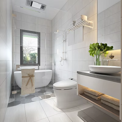 Modern Bathroom Interior Design With White Tiles Bathtub Toilet Vanity And Green Plant 3d model