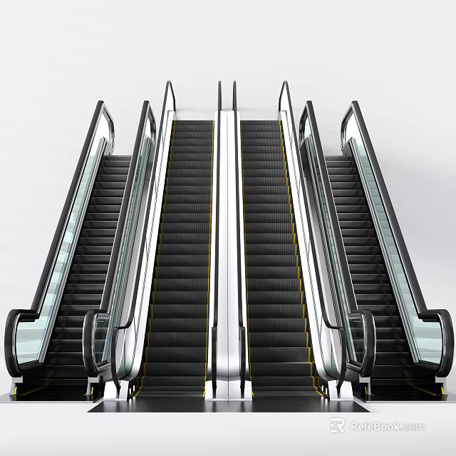 Modern Escalators with Transparent Glass Barriers Black Steps and Metal Frames 3d model 