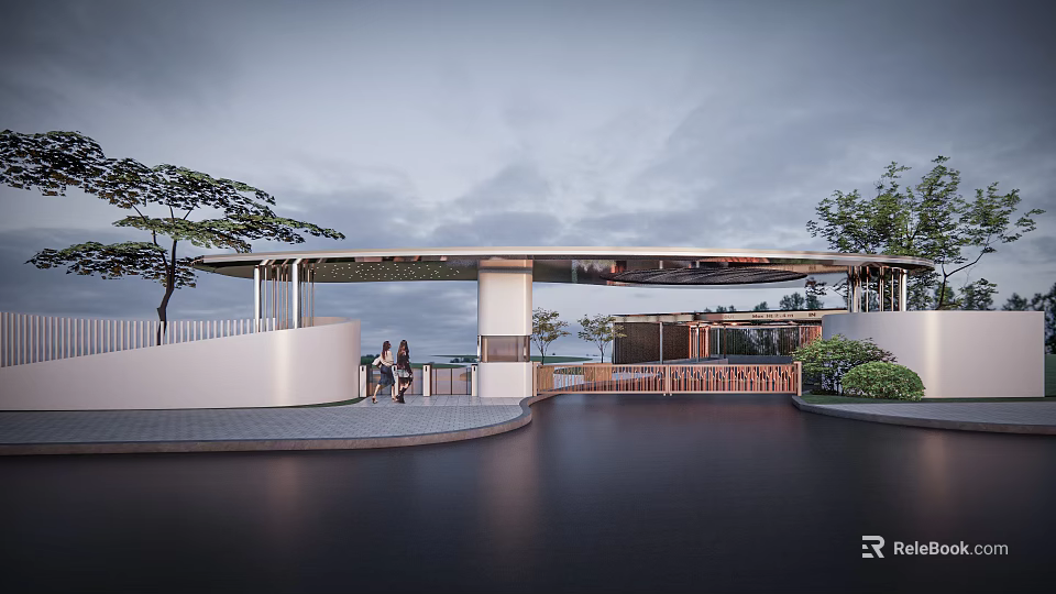 Modern Entrance Gate Architectural Design With Surrounding Greenery And Water Feature 3d model 
