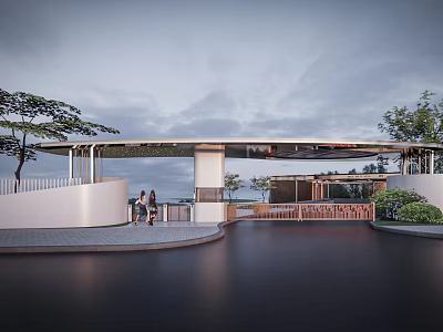 Modern Entrance Gate Architectural Design With Surrounding Greenery And Water Feature 3d model