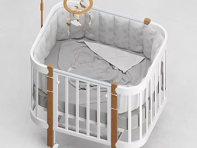 White Frame Baby Crib With Wooden Posts Gray Mattress And Hanging Mobile 3d model