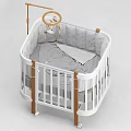 White Frame Baby Crib With Wooden Posts Gray Mattress And Hanging Mobile