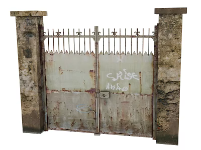 Old Rusty Metal Gate With Weathered Stone Pillars And Graffiti Marks 3d model Old Rusty Metal Gate With Weathered Stone Pillars And Graffiti Marks 3d model