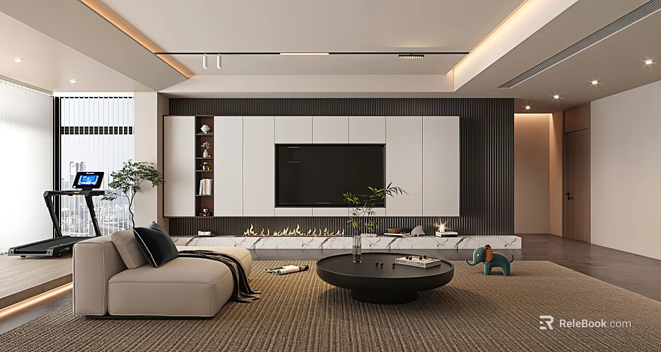 Modern Living Room Interior With Beige Sofa TV Wall Fireplace Green Plants And Coffee Table 3d model 