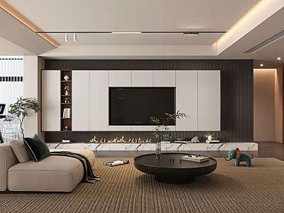 Modern Living Room Interior With Beige Sofa TV Wall Fireplace Green Plants And Coffee Table 3d model