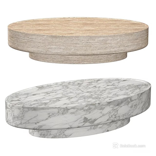Modern Coffee Tables With Round Wooden And Oval Marble Surfaces 3d model 